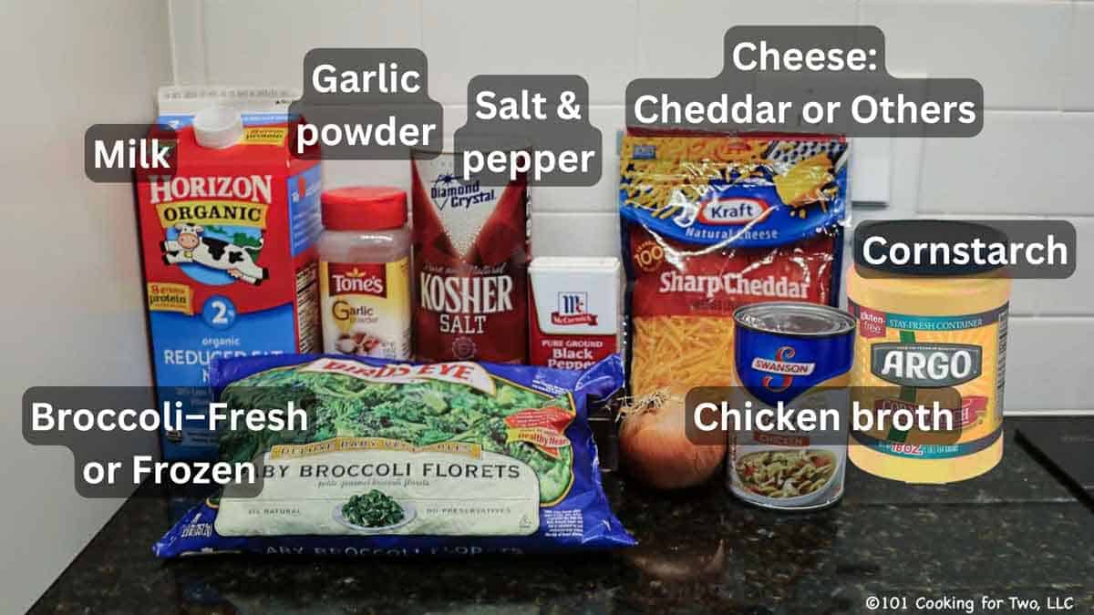 Broccoli cheese soup ingredients—labeled.