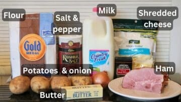 Ham with potatoes and casserole ingredients—labeled.