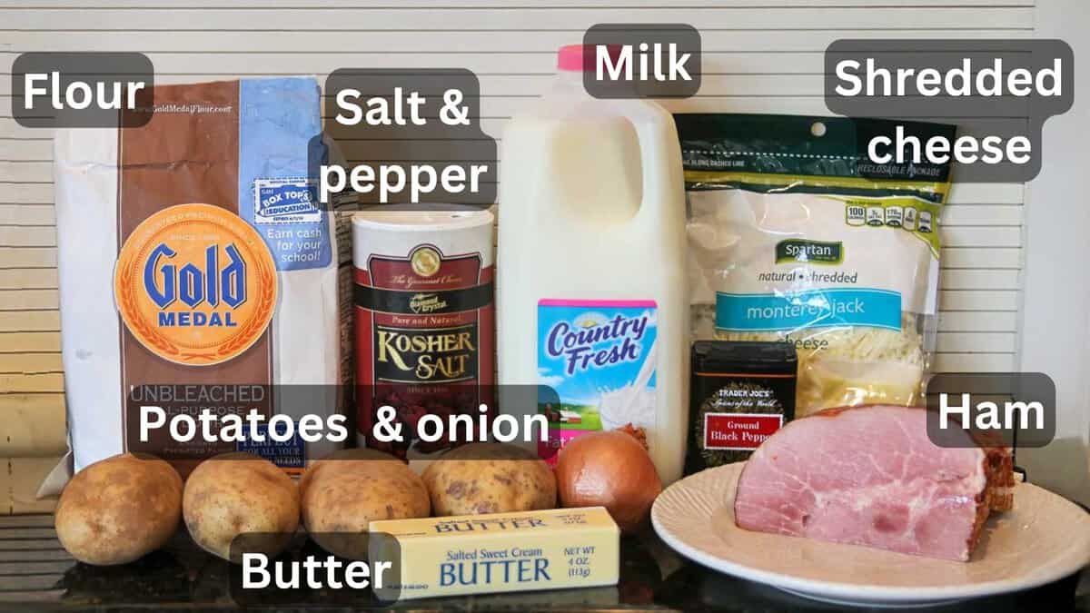 Ham with potatoes and casserole ingredients—labeled.