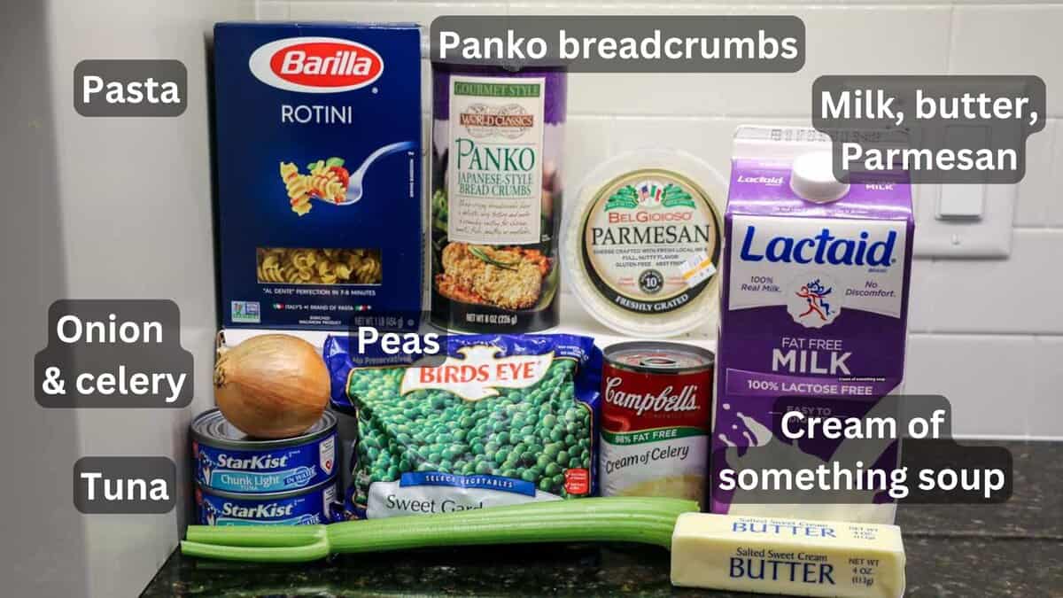 Ingredients for tuna casserole with pasta and soup.