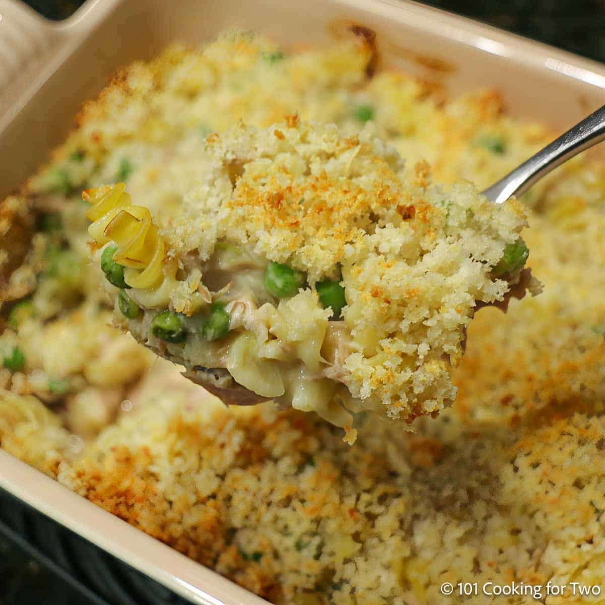 Tuna casserole on a spoon.